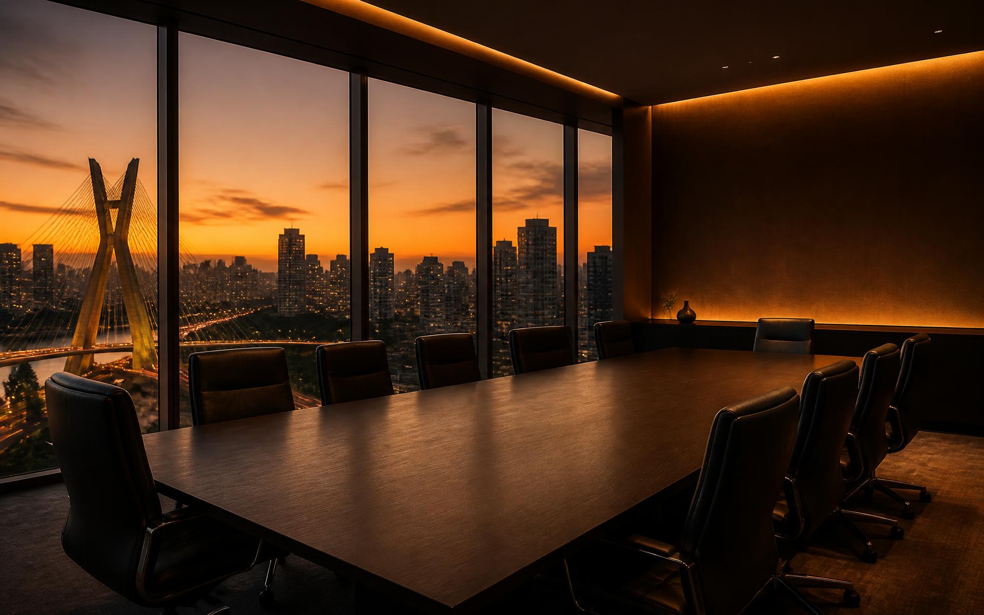 Sala de reunião executiva ao entardecer com vista para a cidade