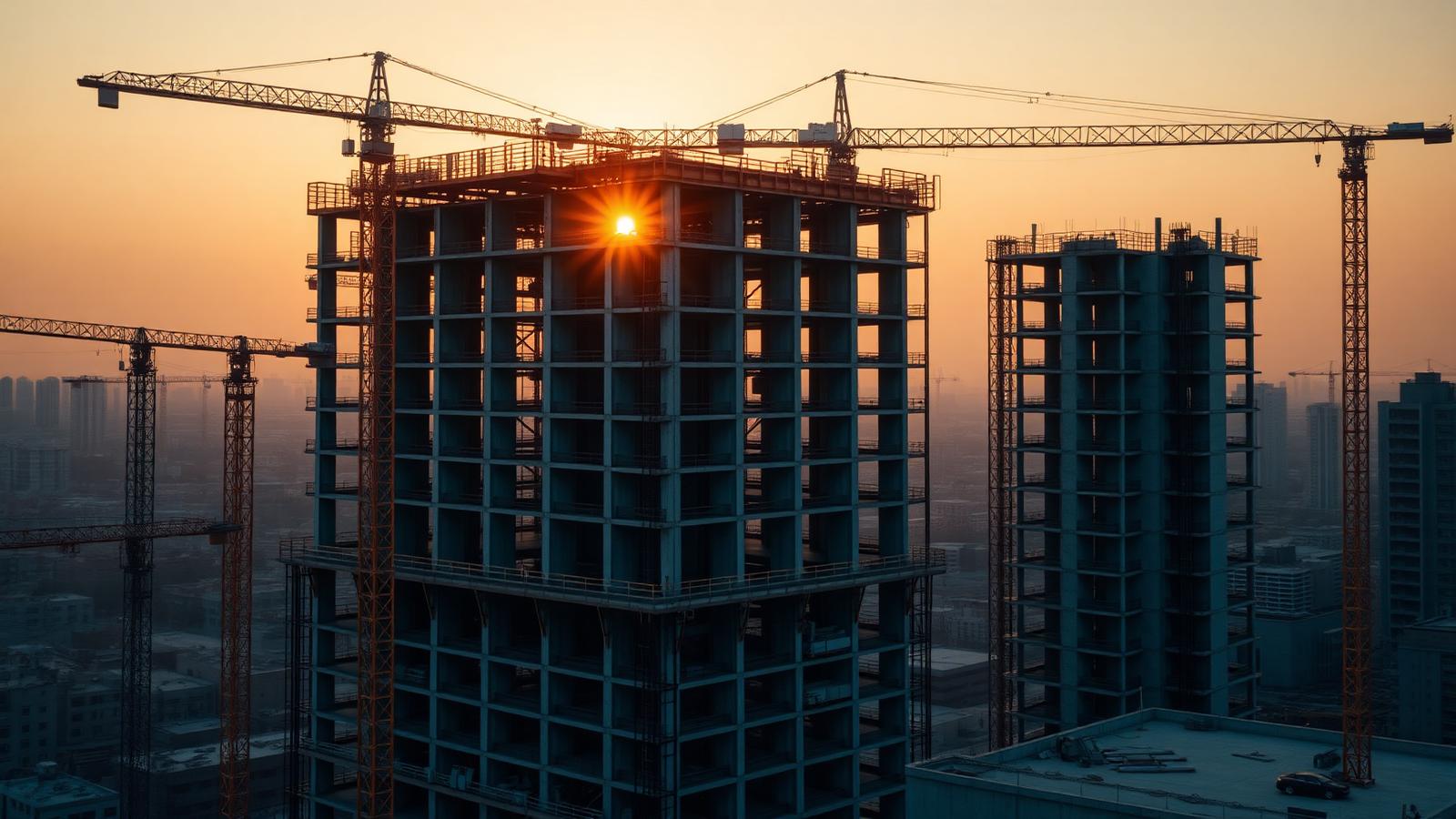 Construção e Incorporação Edifício em construção com gruas ao amanhecer — reestruturação de incorporadoras e SPEs