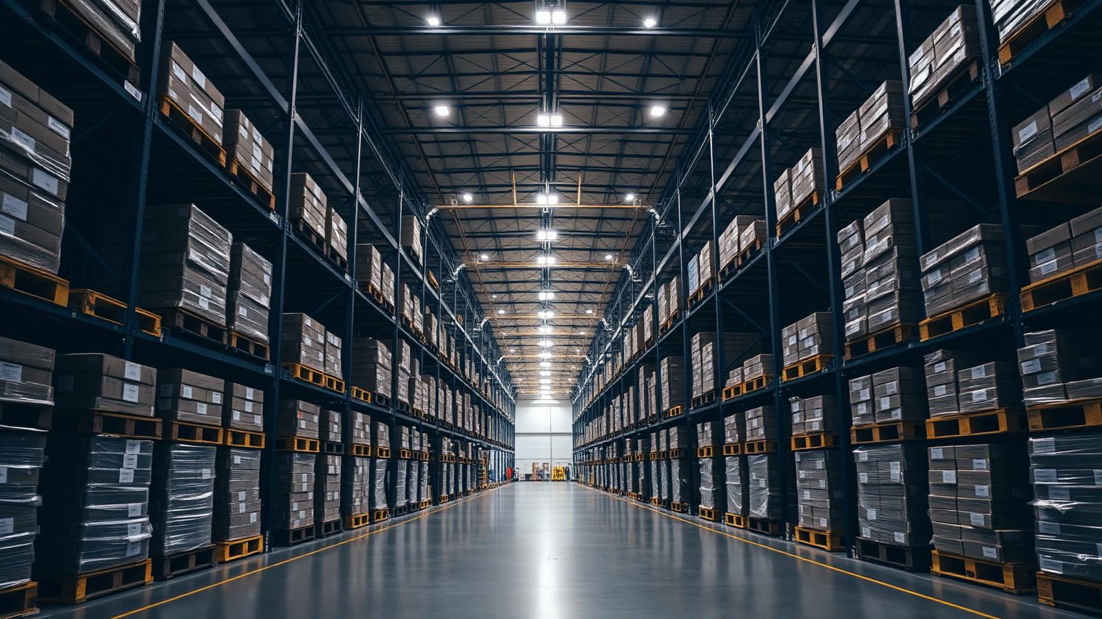 Distribuição e Atacado Corredor de galpão de distribuição com paletes empilhados — capital de giro e funding para atacadistas